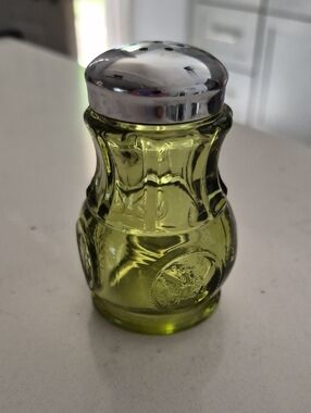 Vintage Green Glass Salt Shaker with Silver-Tone Metal Cap